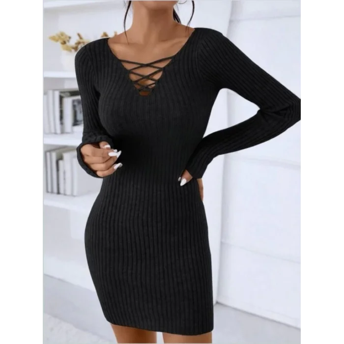 Kadın Uzun Kollu V Yakalı çapraz şerit Detaylı şardonlu Kaşkorse Midi Elbise