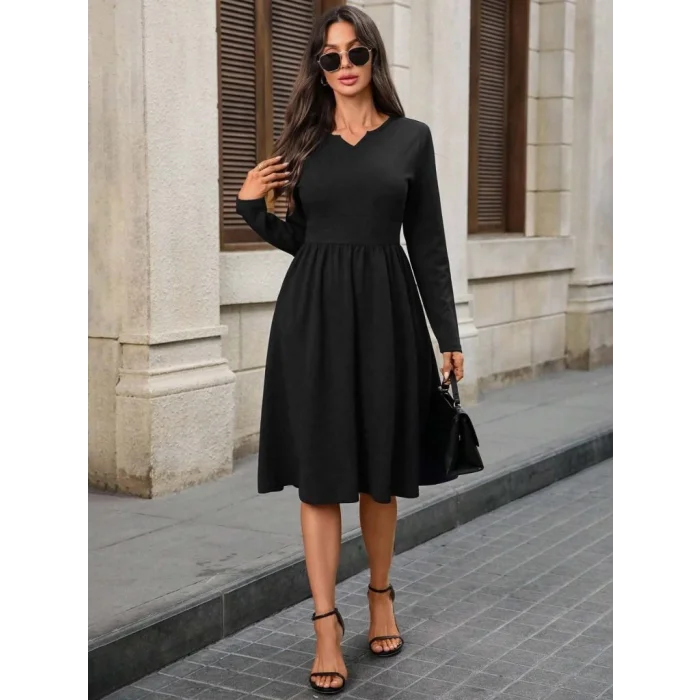 Kadın Uzun Kollu V Yakalı Cepli Midi Ithal Krep Elbise
