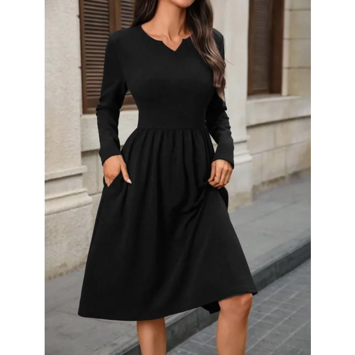 Kadın Uzun Kollu V Yakalı Cepli Midi Ithal Krep Elbise