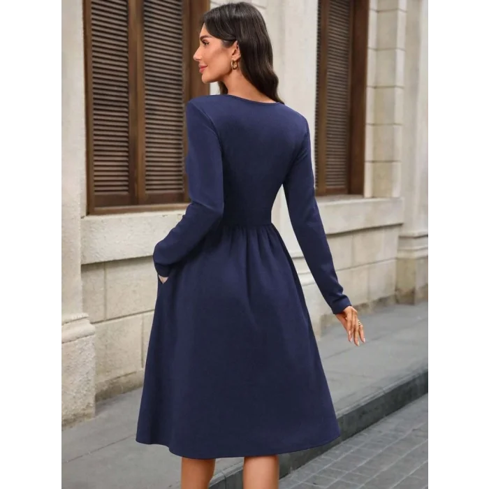 Kadın Uzun Kollu V Yakalı Cepli Midi Ithal Krep Elbise