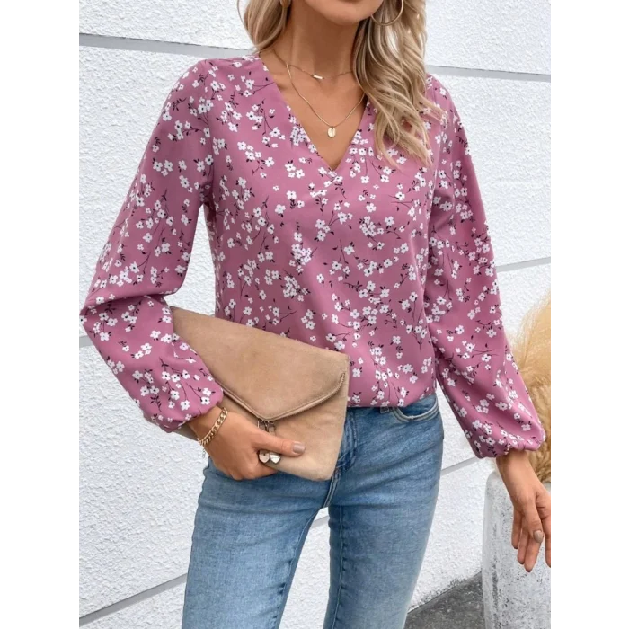 Kadın Uzun Kollu V Yakalı çiçek Desenli Modal Bluz