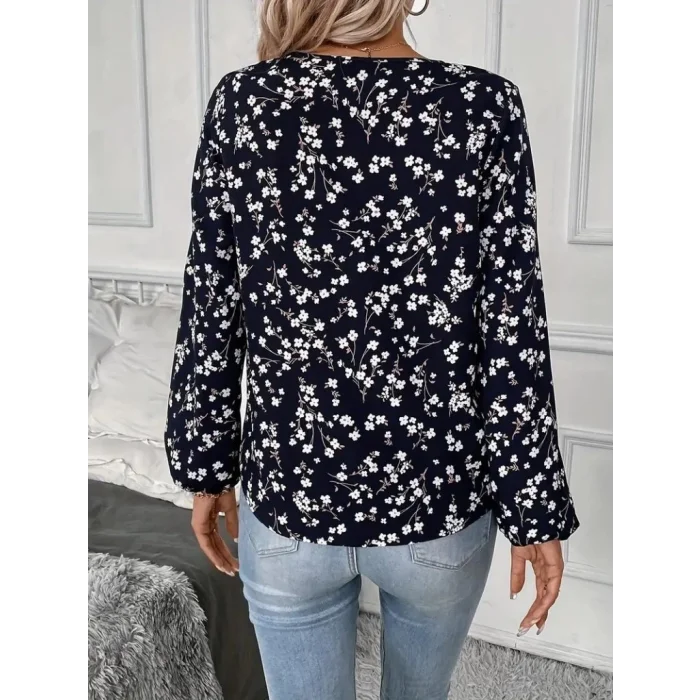 Kadın Uzun Kollu V Yakalı çiçek Desenli Modal Bluz