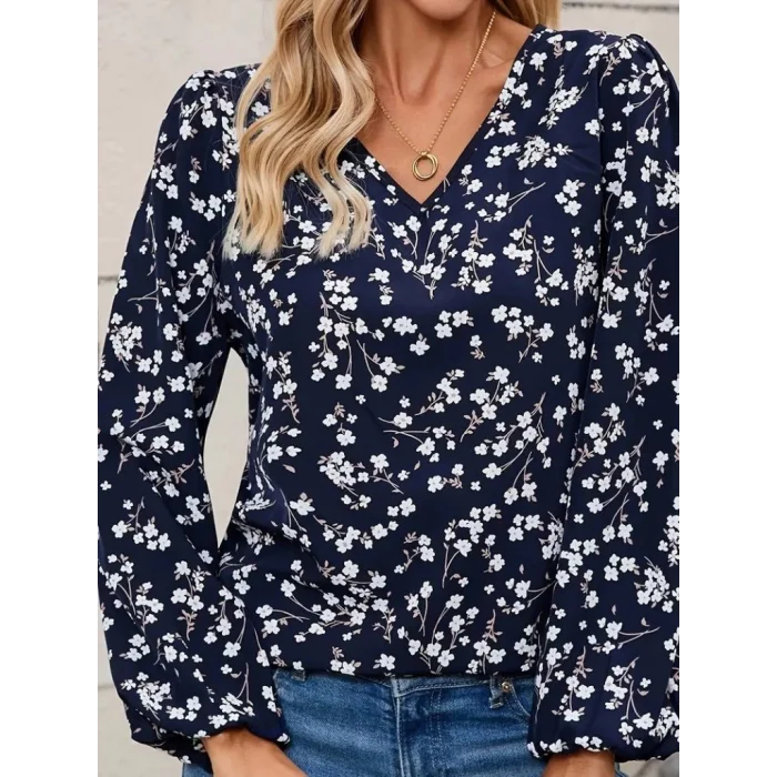 Kadın Uzun Kollu V Yakalı çiçek Desenli Modal Bluz