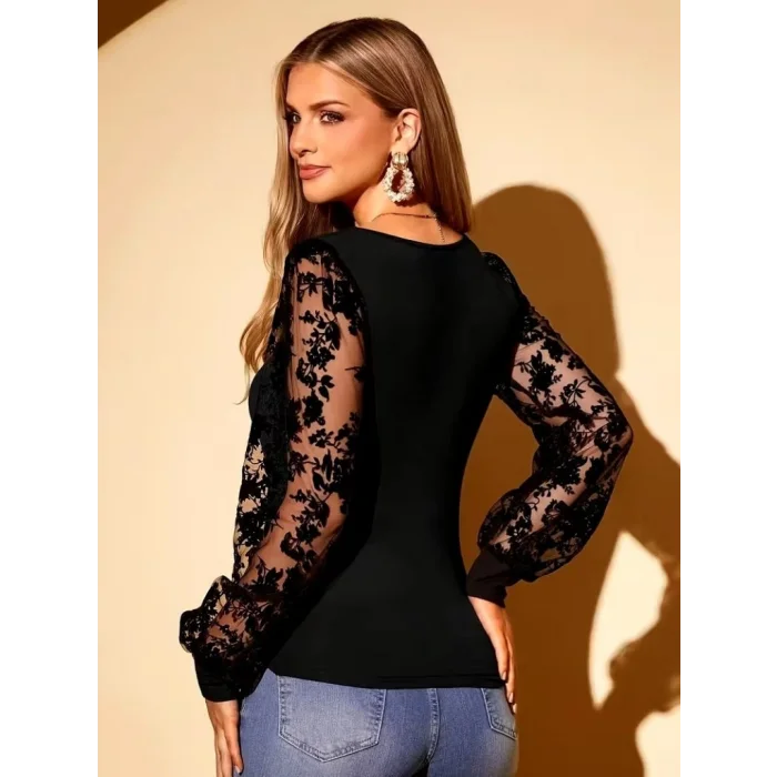 Kadın Uzun Kollu V Yakalı Dantelli Viskon Bluz