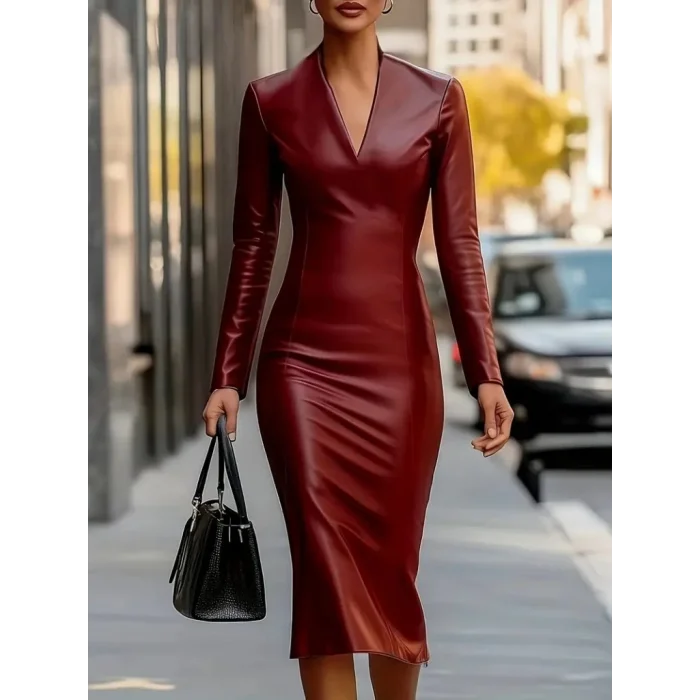 Kadın Uzun Kollu V Yakalı Deri Midi Elbise