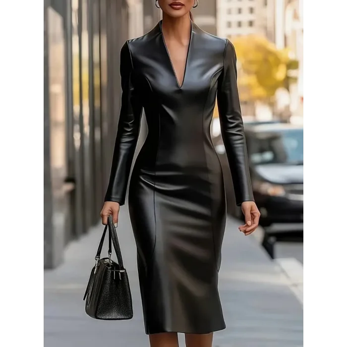 Kadın Uzun Kollu V Yakalı Deri Midi Elbise
