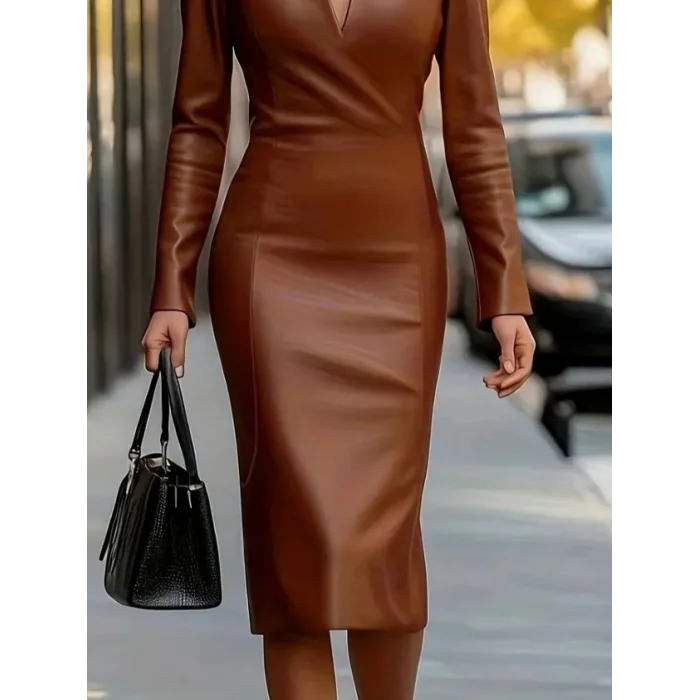 Kadın Uzun Kollu V Yakalı Deri Midi Elbise