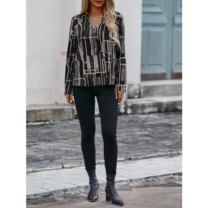 Kadın Uzun Kollu V Yakalı Desenli Dalgıç Bluz