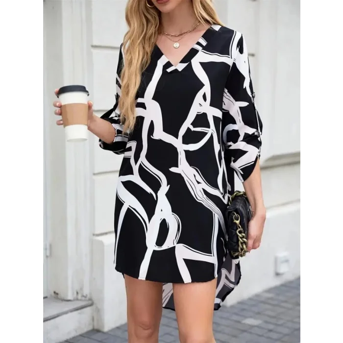 Kadın Uzun Kollu V Yakalı Desenli Dalgıç Elbise