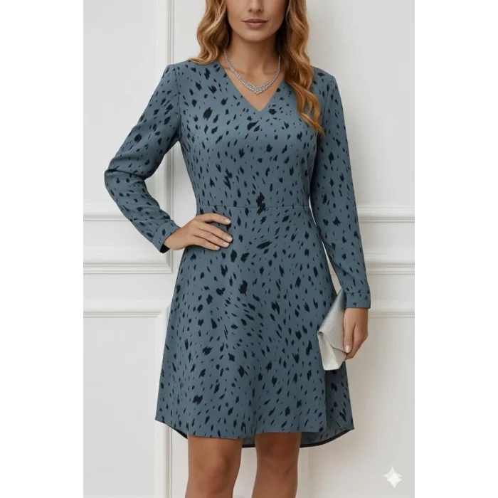 Kadın Uzun Kollu V Yakalı Desenli Kısa Keten Elbise