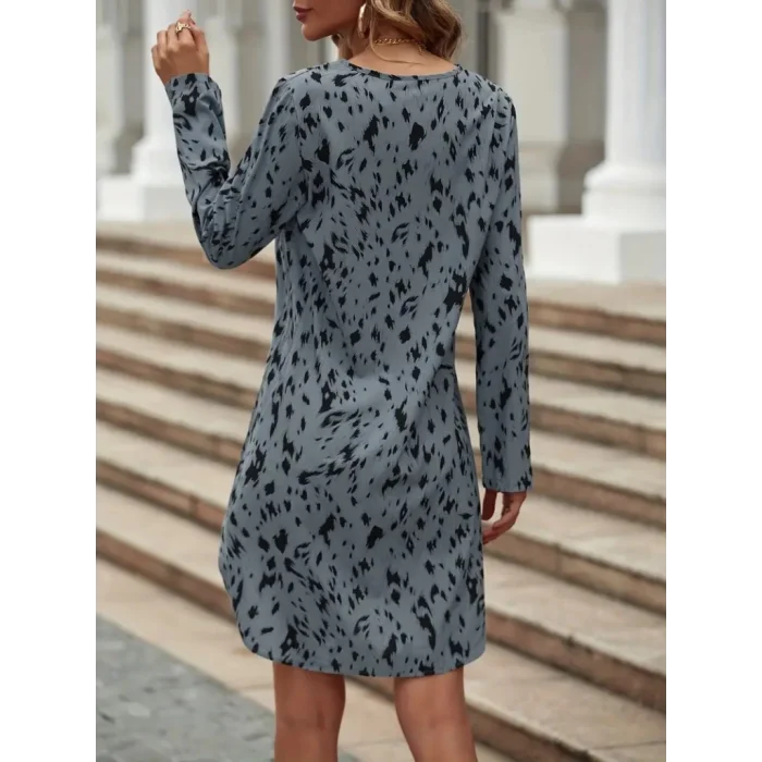 Kadın Uzun Kollu V Yakalı Desenli Kısa Keten Elbise