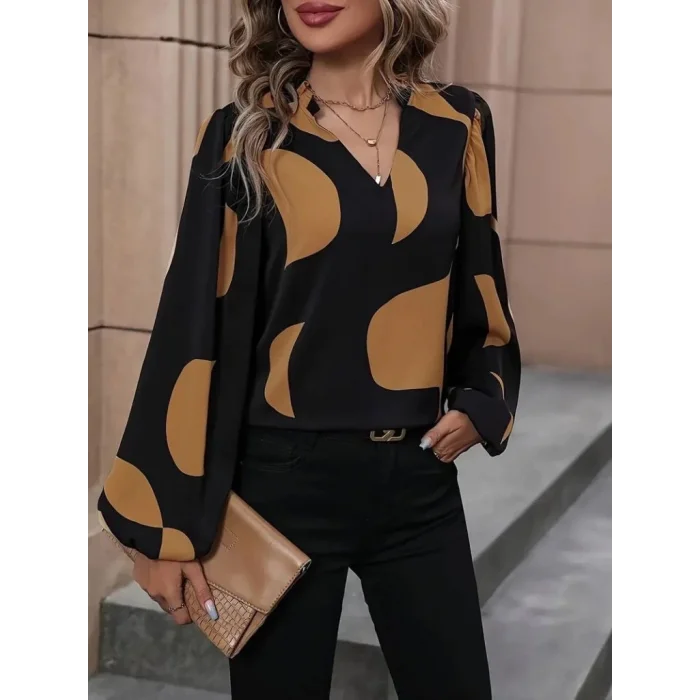 Kadın Uzun Kollu V Yakalı Desenli Modal Bluz