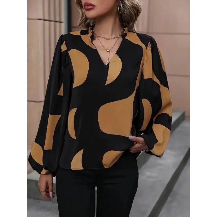 Kadın Uzun Kollu V Yakalı Desenli Modal Bluz