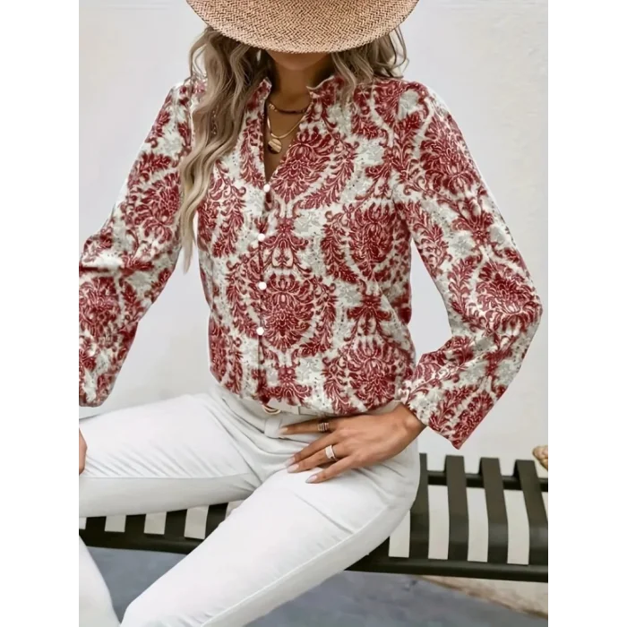 Kadın Uzun Kollu V Yakalı Desenli önü Düğmeli Ithal Keten Bluz