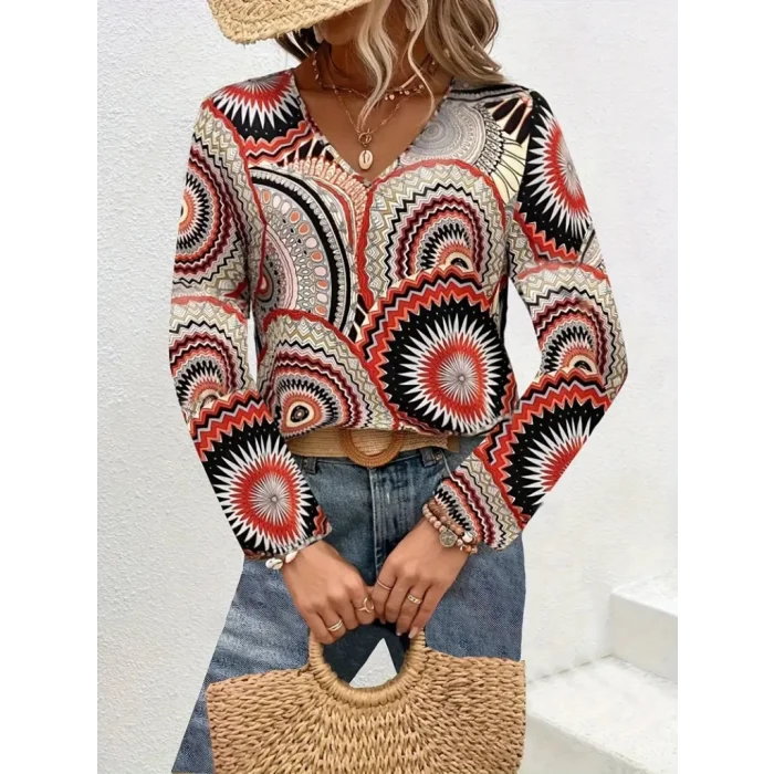 Kadın Uzun Kollu V Yakalı Desenli Süprem Bluz