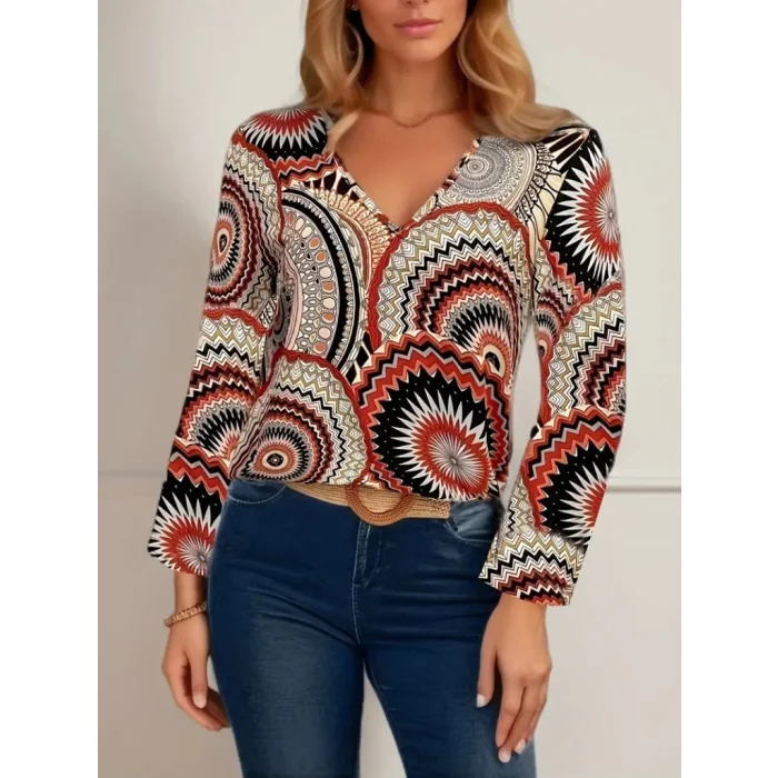 Kadın Uzun Kollu V Yakalı Desenli Süprem Bluz