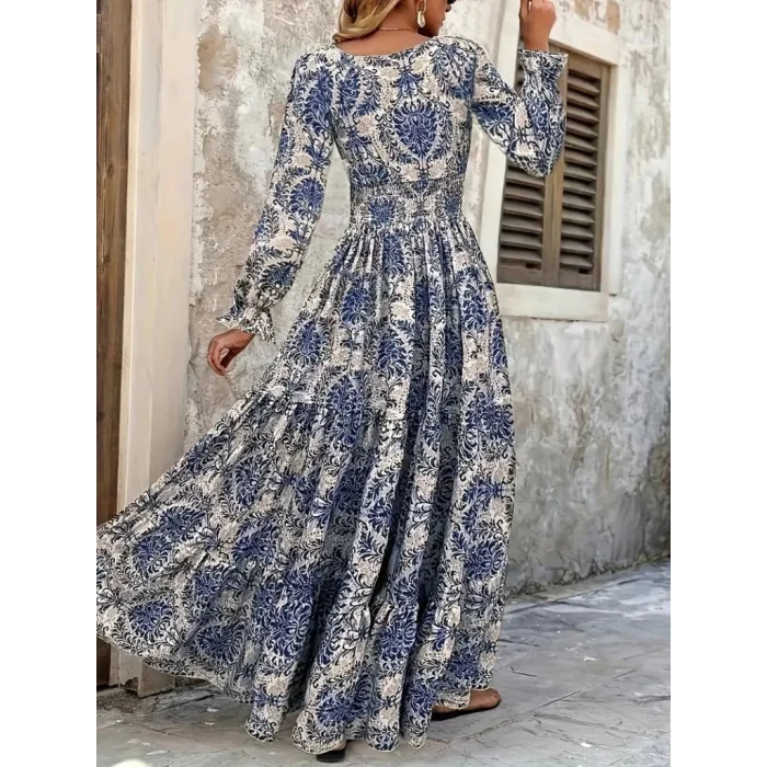 Kadın Uzun Kollu V Yakalı Desenli Süprem Elbise