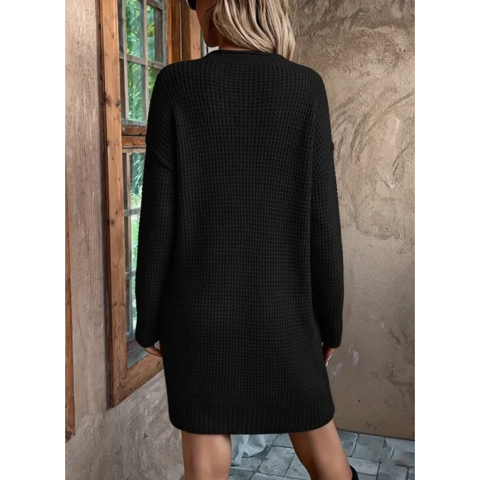 Kadın Uzun Kollu V Yakalı Düğmeli Mini Triko Elbise