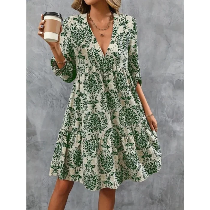 Kadın Uzun Kollu V Yakalı Fırfırlı Mini Süprem Elbise