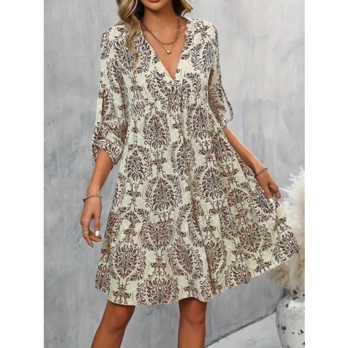 Kadın Uzun Kollu V Yakalı Fırfırlı Mini Süprem Elbise