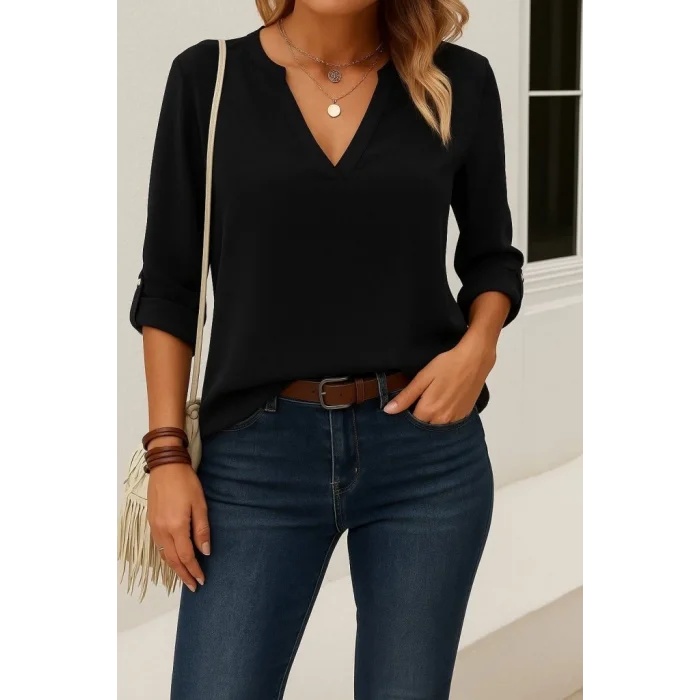 Kadın Uzun Kollu V Yakalı Ithal Krep Bluz