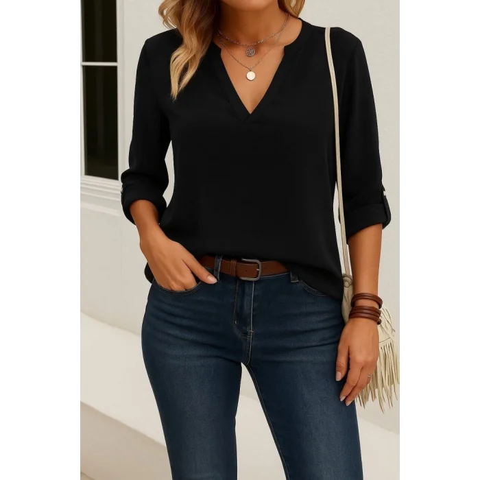 Kadın Uzun Kollu V Yakalı Ithal Krep Bluz