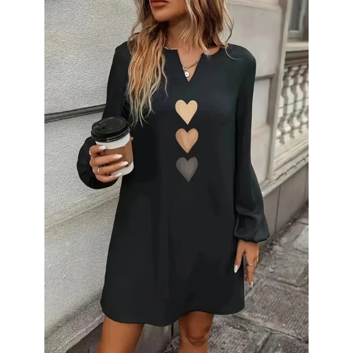 Kadın Uzun Kollu V Yakalı Kalp Desenli Mini Ithal Krep Elbise