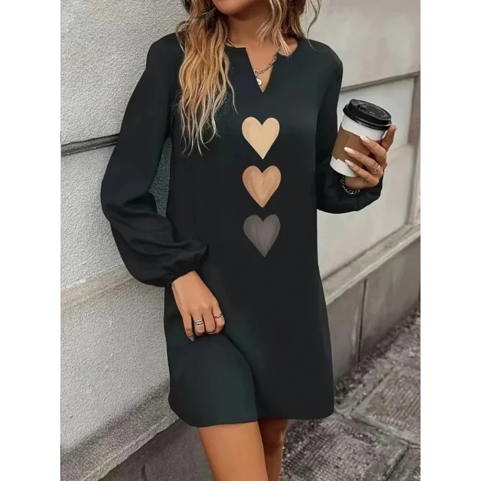Kadın Uzun Kollu V Yakalı Kalp Desenli Mini Ithal Krep Elbise
