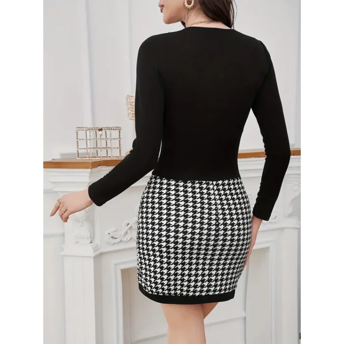 Kadın Uzun Kollu V Yakalı Kaz Ayağı Desenli şardonlu Dalgıç Elbise