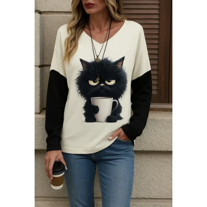 Kadın Uzun Kollu V Yakalı Kedi Baskılı şardonlu Dalgıç Bluz