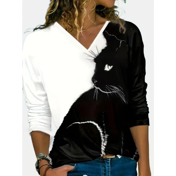 Kadın Uzun Kollu V Yakalı Kedi Baskılı şardonlu Dalgıç Bluz
