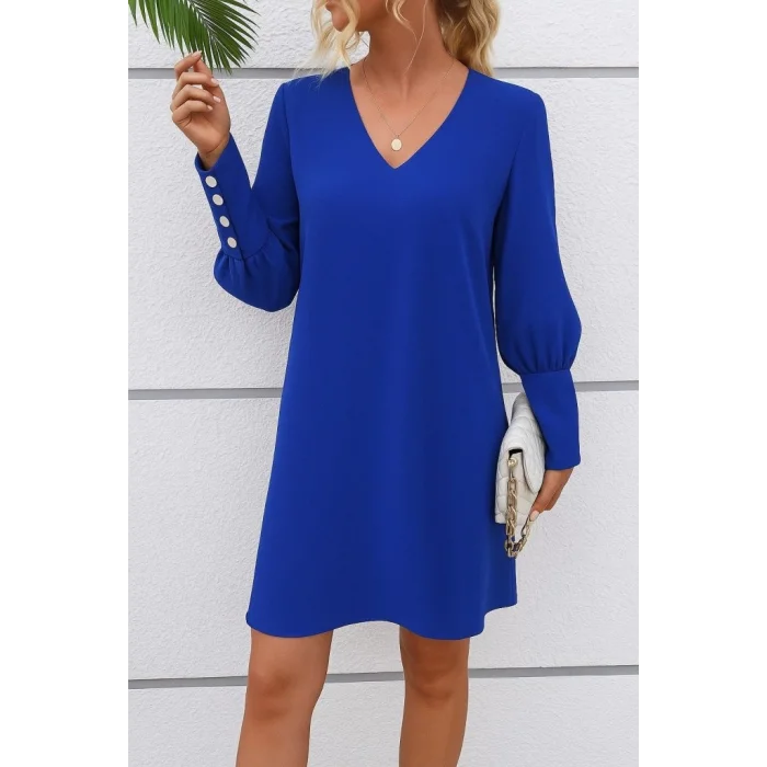 Kadın Uzun Kollu V Yakalı Kısa Ithal Krep Elbise