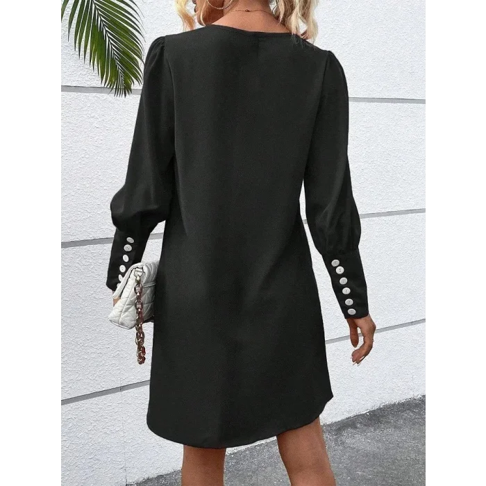 Kadın Uzun Kollu V Yakalı Kısa Ithal Krep Elbise