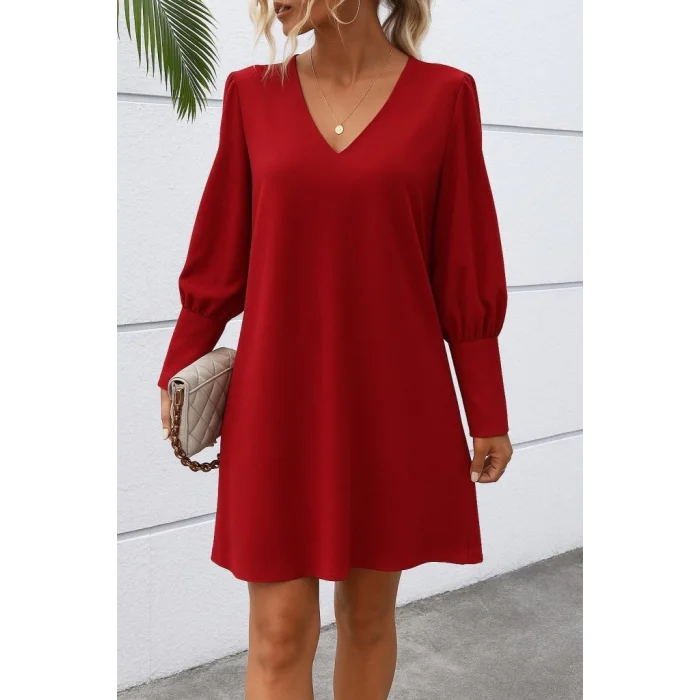 Kadın Uzun Kollu V Yakalı Kısa Ithal Krep Elbise