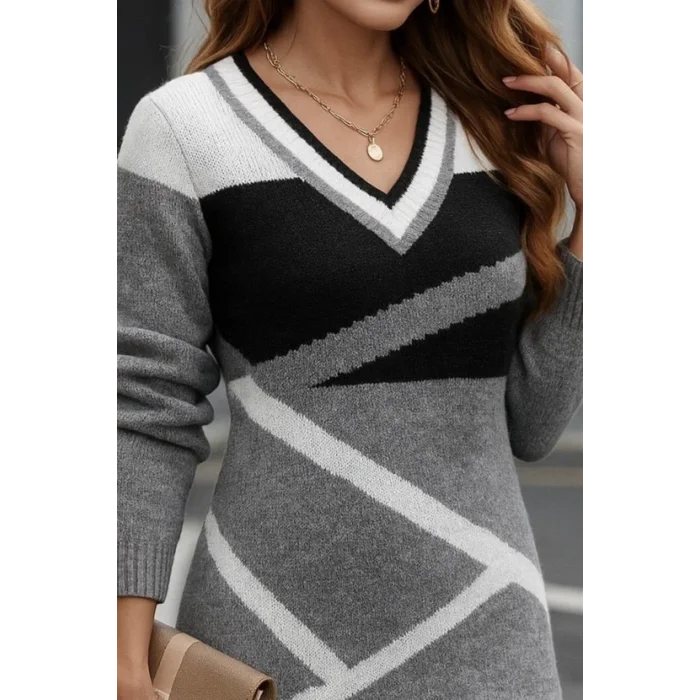 Kadın Uzun Kollu V Yakalı Kısa Triko Elbise