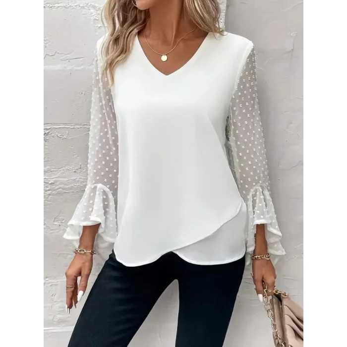 Kadın Uzun Kollu V Yakalı Kolları Ispanyol Detayı Sandy Bluz