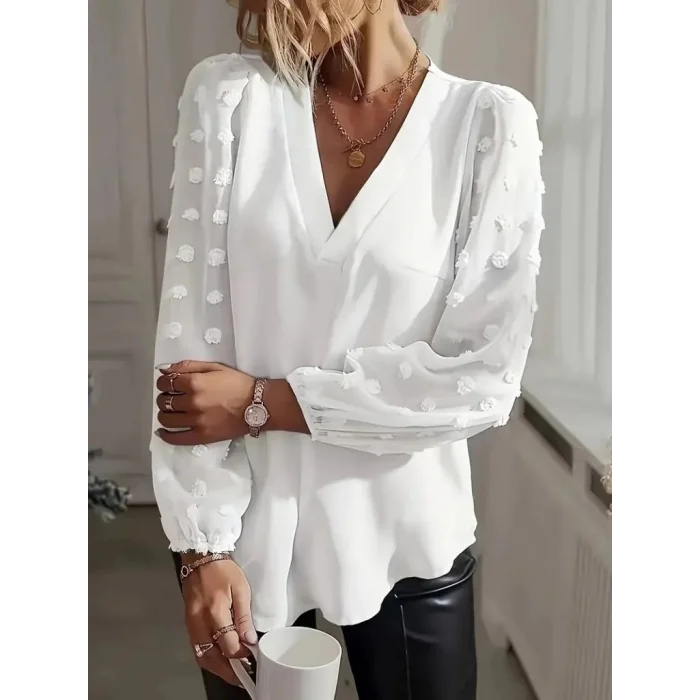 Kadın Uzun Kollu V Yakalı Kolları Popon Detaylı Sandy Bluz