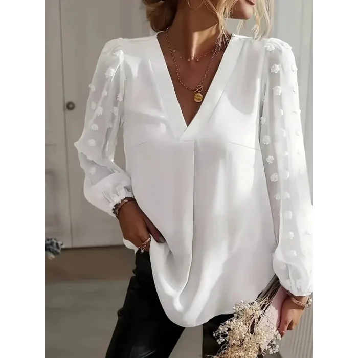 Kadın Uzun Kollu V Yakalı Kolları Popon Detaylı Sandy Bluz