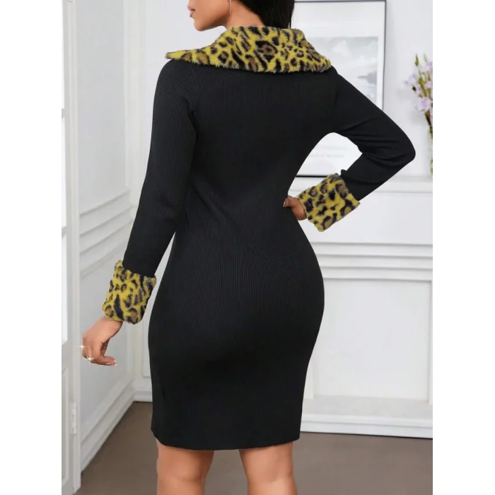 Kadın Uzun Kollu V Yakalı Kürk Detaylı Kaşkorse Elbise