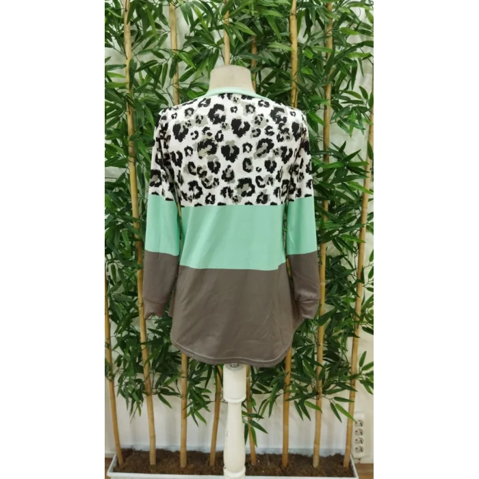 Kadın Uzun Kollu V Yakalı Leopar Baskılı şardonlu Dalgıç Bluz