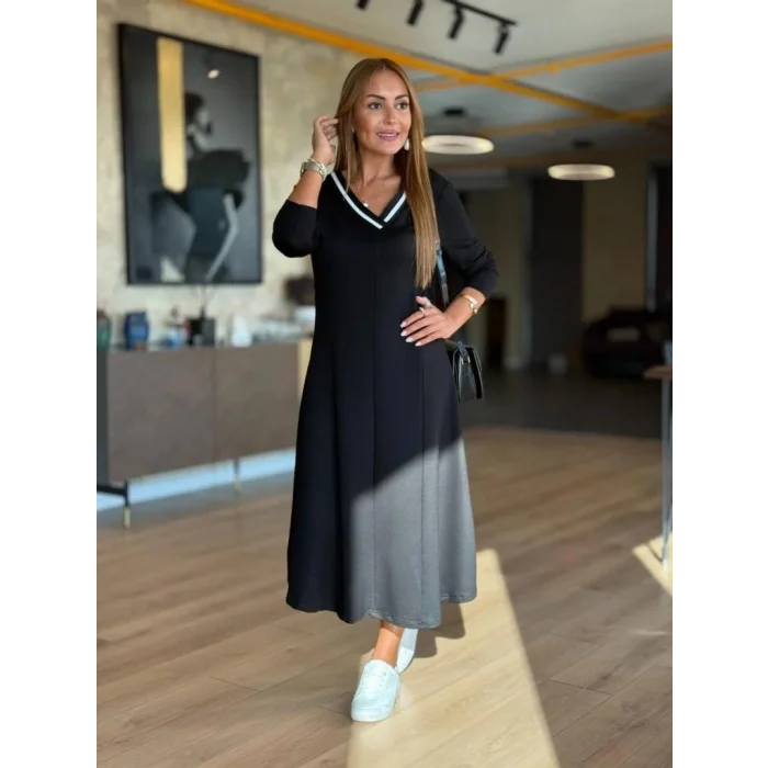 Kadın Uzun Kollu V Yakalı Midi Modal Elbise