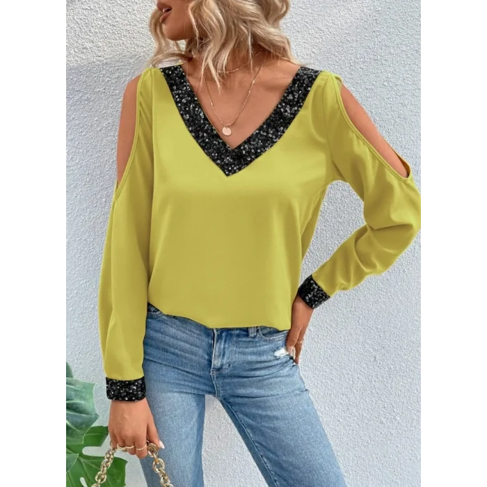 Kadın Uzun Kollu V Yakalı Omuzlardan Açık Sandy Bluz