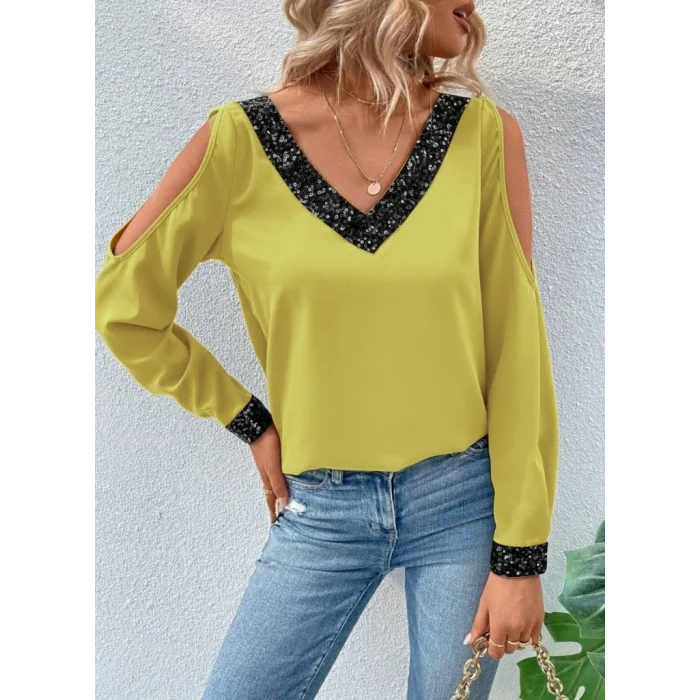 Kadın Uzun Kollu V Yakalı Omuzlardan Açık Sandy Bluz