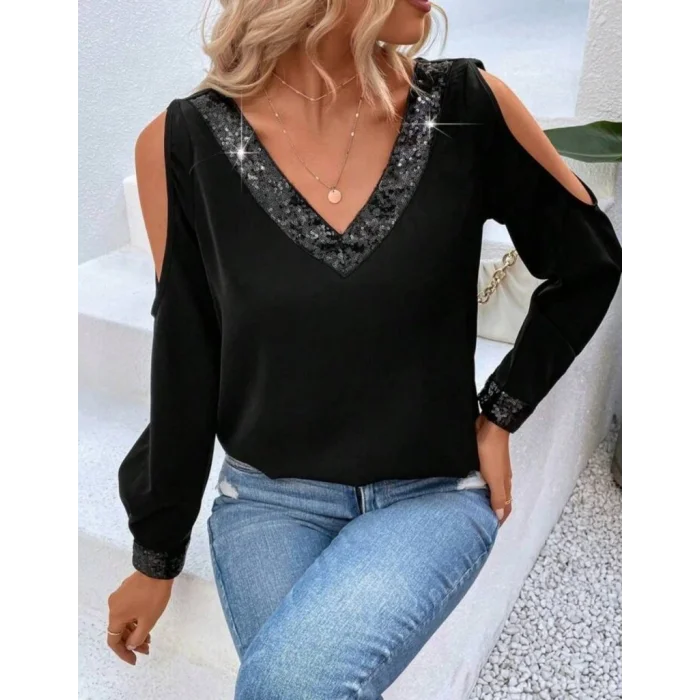 Kadın Uzun Kollu V Yakalı Omuzlardan Açık Sandy Bluz