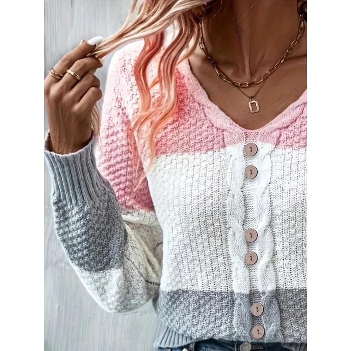 Kadın Uzun Kollu V Yakalı önden Düğmeli çok Renkli Bluz