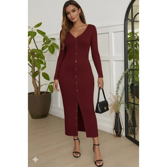 Kadın Uzun Kollu V Yakalı önden Düğmeli şardonlu Kaşkorse Elbise