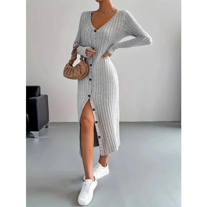 Kadın Uzun Kollu V Yakalı önden Düğmeli şardonlu Kaşkorse Elbise