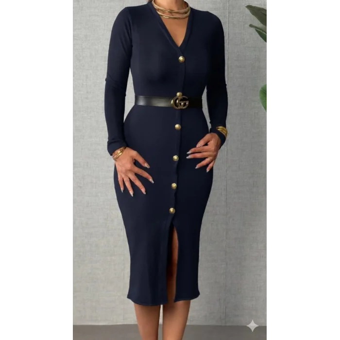 Kadın Uzun Kollu V Yakalı önden Düğmeli Yırtmaçlı Modal Midi Kemersiz Elbise