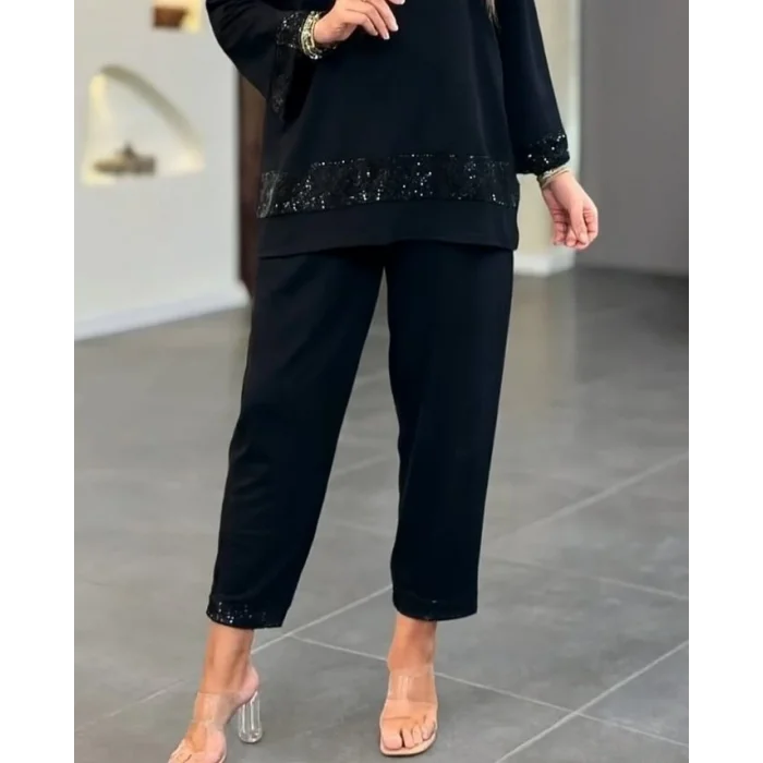 Kadın Uzun Kollu V Yakalı Pulpayet Viskon Iki Iplik Bluz Ve Pantolon Takım