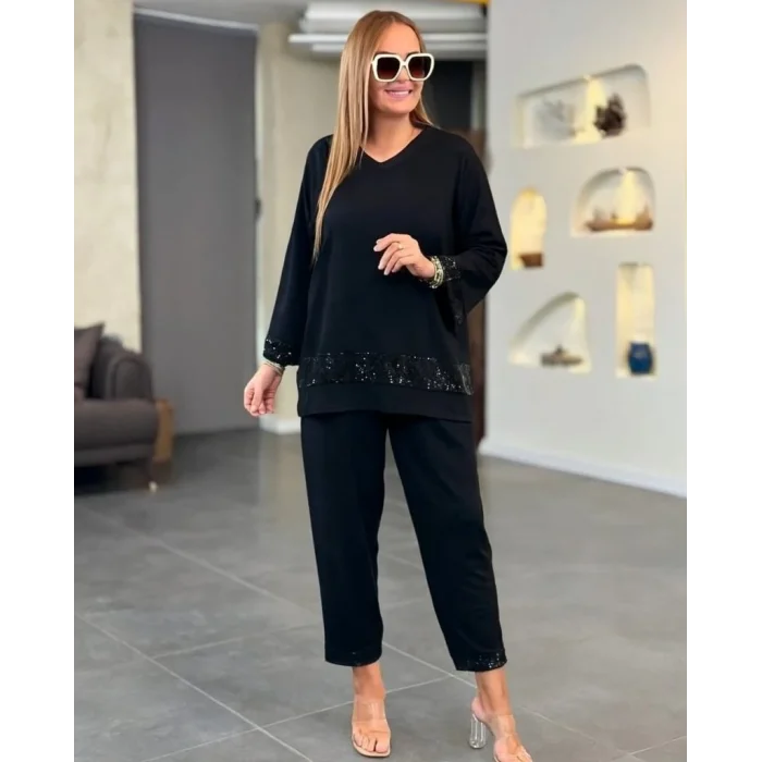 Kadın Uzun Kollu V Yakalı Pulpayet Viskon Iki Iplik Bluz Ve Pantolon Takım